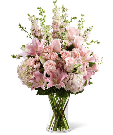 Roses, Lilies & Larkspur in a Glass Vase