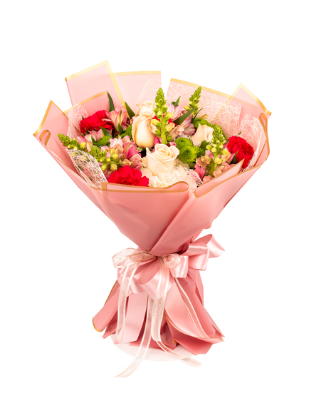 hand tied bouquet with ivory roses white hydrangea pink snapdragons pink alstroemeria red carnations and pink wrapping