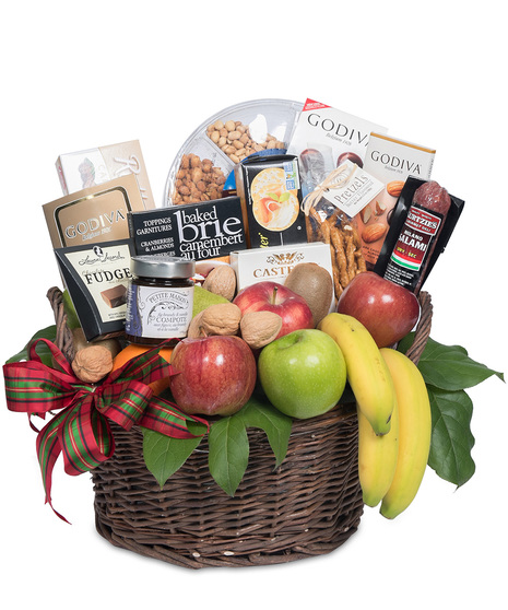 Large Basket of Fresh Fruit and Gourmet Food Items