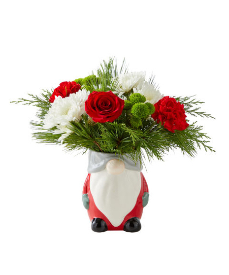 Ho Ho Gnome Bouquet with red roses, white chrysanthemums, green button mums, and evergreens arranged in a festive gnome vase.