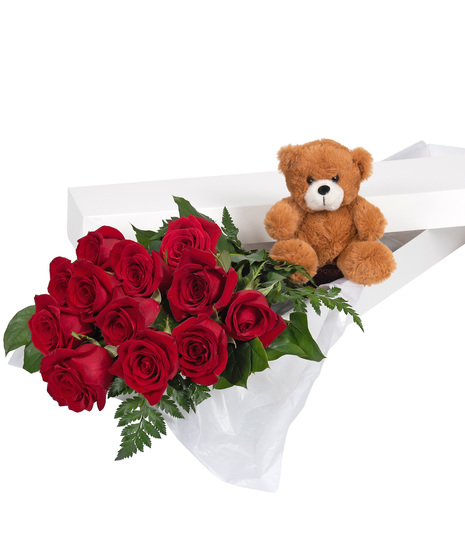 One Dozen Long Stem Red Roses in a Gift Box