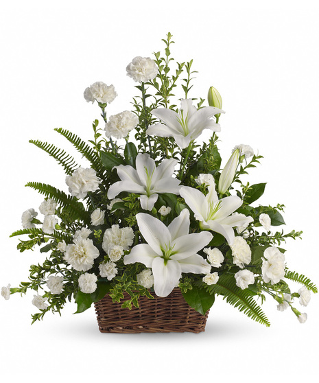 Wicker Basket of All White Sympathy Flowers Including Lilies