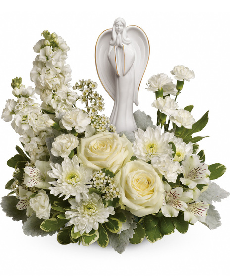 White Sympathy Flowers With Angel Figurine