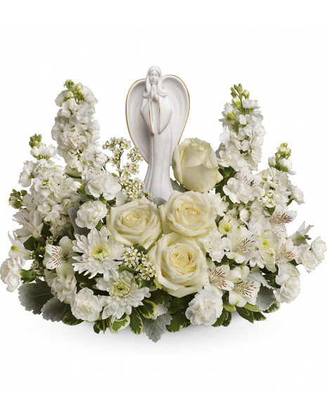 White Sympathy Flowers With Angel Figurine