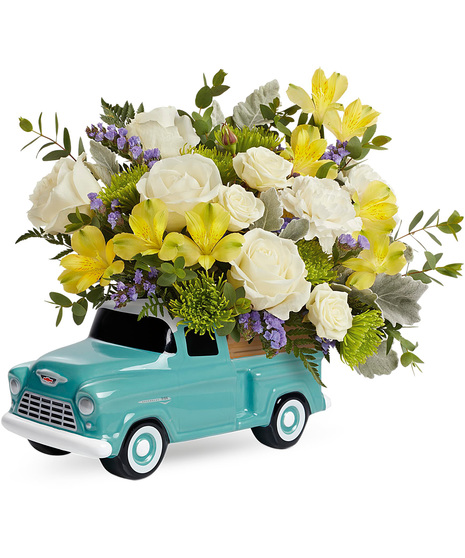 White rose bouquet arranged in a Chevy Pickup Keepsake